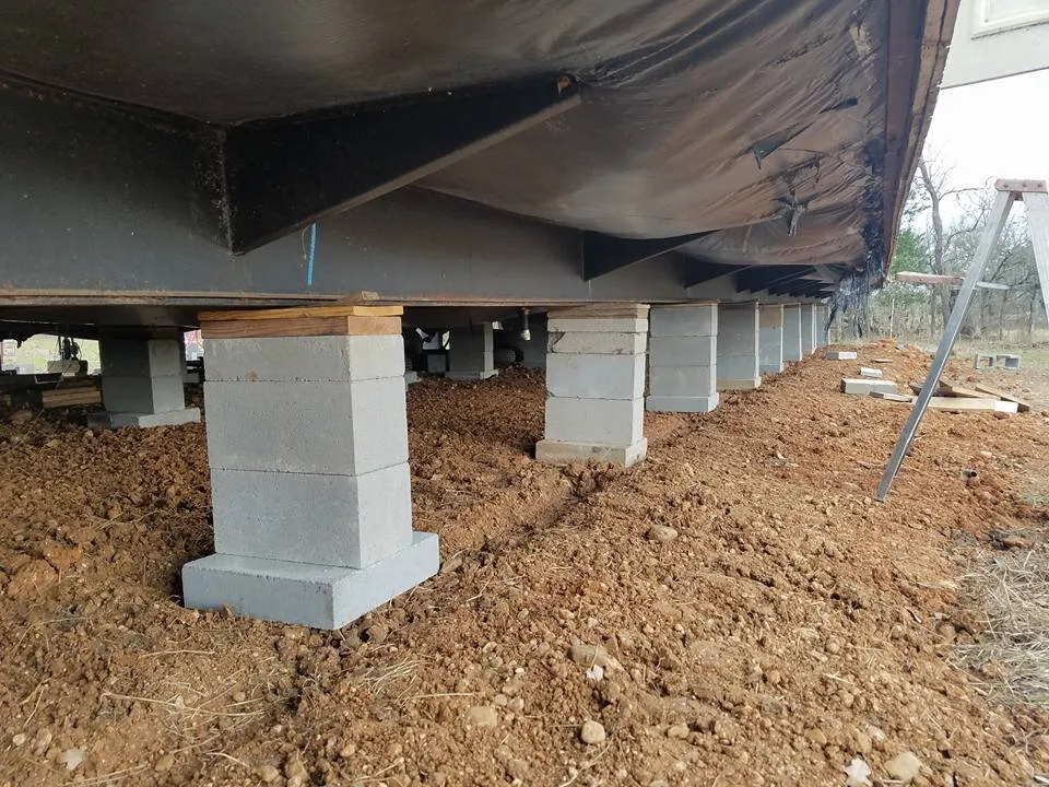 Concrete blocks are used to level a mobile home