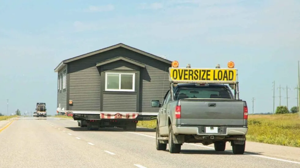 Moving mobile homes needs escorts like this pickup truck